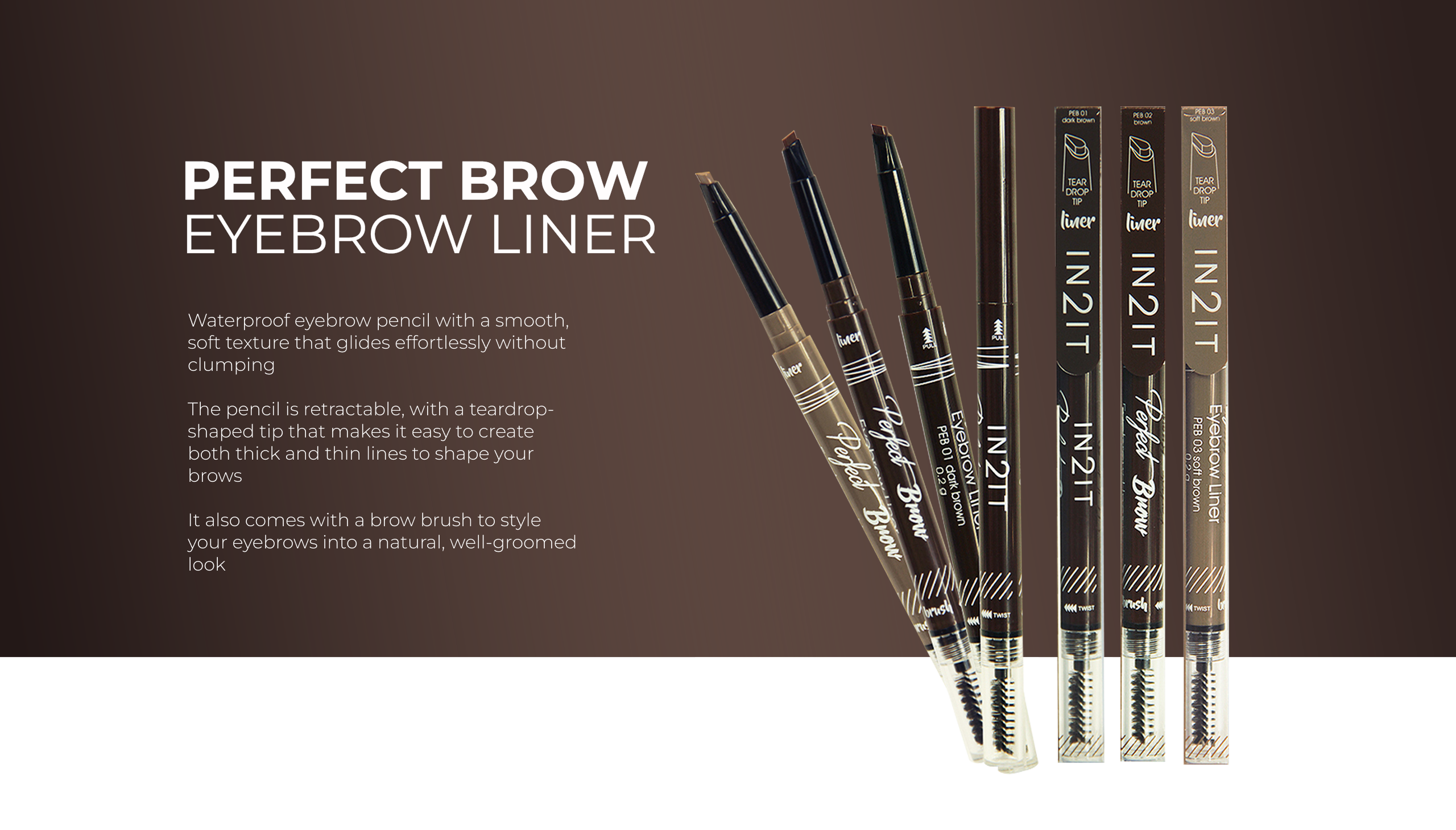 <p>Waterproof eyebrow pencil with a smooth, soft texture that glides effortlessly without clumping</p><p>The pencil is retractable, with a teardrop-shaped tip that makes it easy to create both thick and thin lines to shape your brows</p><p>It also comes with a brow brush to style your eyebrows into a natural, well-groomed look</p>